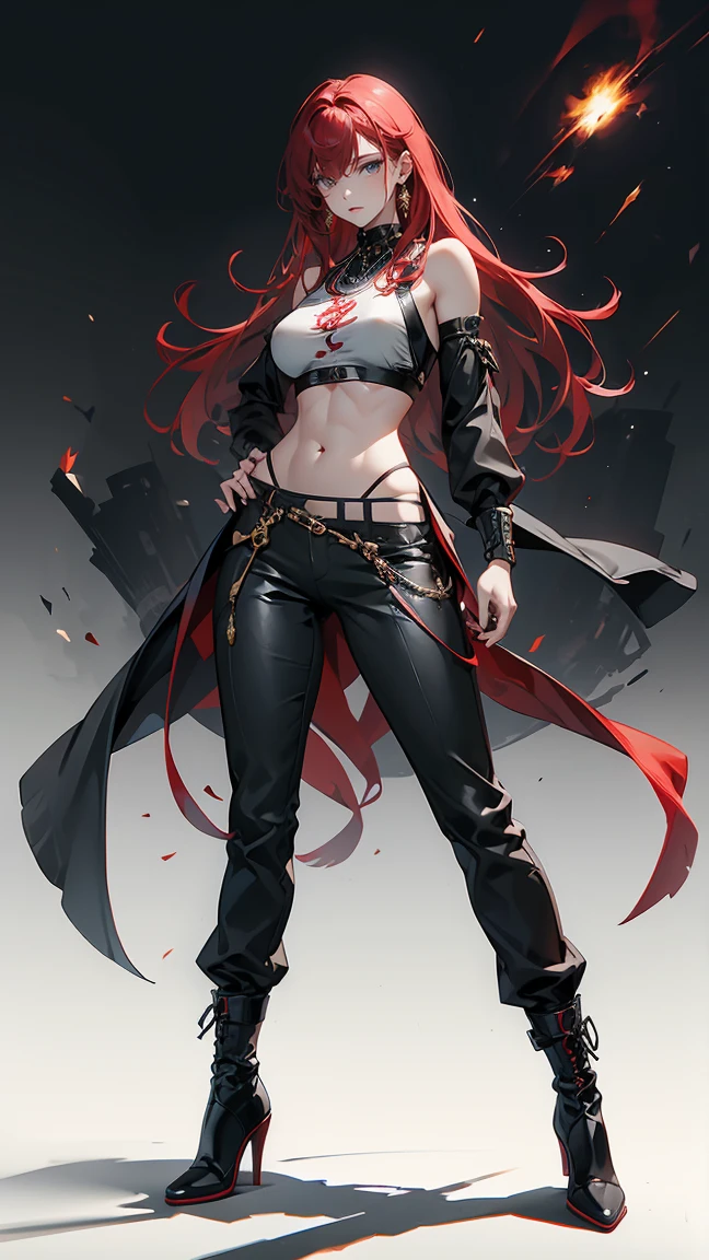 Highest quality、masterpiece、8k、Realistic、超High resolution、Very delicate and beautiful、High resolution、Fantasy World、Muscle Girl、Gal、Perfect female body、Beautiful woman、Mature Woman、Red hair、Unkempt long hair、Bright green eyes、Six Pack、Earrings、Toned body、big 、Black military uniform、Tank top、I can see your belly、Black trousers、boots、cigarette、Wild Pose、Full body emphasis、Simple Background