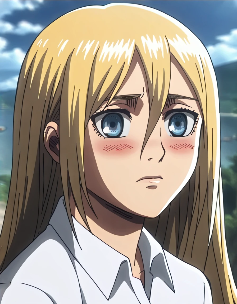 score_9, score_8_up, score_7_up,1girl,source_anime,historiaReiss ,blonde hair,long hair,blue eyes,detailed face,masterpiece,best quality,outdoors,christa renz, blush, 