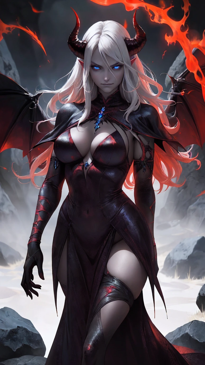 (The best quality,A high resolution,Ultra - detailed,actual),(demonic woman:1.1), blood, VISCERA, blood, war, death, hell,fiery atmosphere,ominous,scorching heat,red hot flames,devilish beauty,satanic presence,bright red eyes, busty, lowleg panties, gloomy shadows,dark abyss,burning souls,demonic figures,fiery wings,aura terrible,tormented spirits,tortured souls,molten lava,powerful energy,dark powers, hellscape,eternal damnation,twisted horns,demonic laughter,intense heatwave,sulfurous smoke,dark magic,enchanted fire,evil look,burning tendrils,intense heat,hell ardiente,threatening presence,supernatural screams,devilish smile,dancing flames,ominous glow,(beautiful blue eyes), (black big stones background:1.4) , (cowboy pose ), (Realistic) ,High quality 8K detailed art, Fanart Mejor ArtStation, Fantasy art style ,