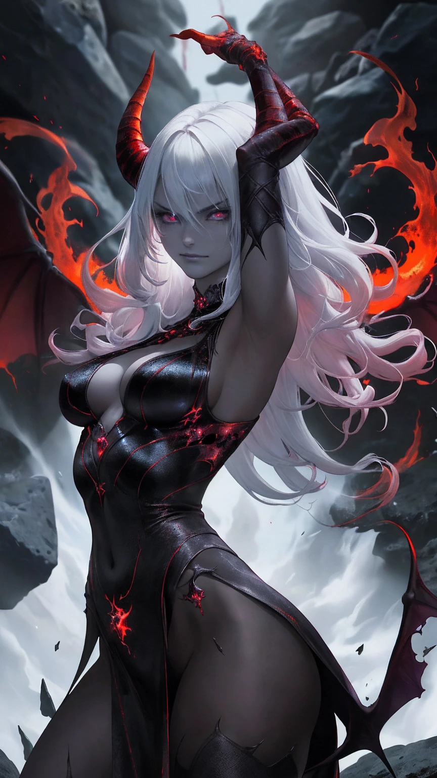 (The best quality,A high resolution,Ultra - detailed,actual),(demonic woman:1.1), blood, VISCERA, blood, war, death, hell,fiery atmosphere,ominous,scorching heat,red hot flames,devilish beauty,satanic presence,bright red eyes, busty, lowleg panties, gloomy shadows,dark abyss,burning souls,demonic figures,fiery wings,aura terrible,tormented spirits,tortured souls,molten lava,powerful energy,dark powers, hellscape,eternal damnation,twisted horns,demonic laughter,intense heatwave,sulfurous smoke,dark magic,enchanted fire,evil look,burning tendrils,intense heat,hell ardiente,threatening presence,supernatural screams,devilish smile,dancing flames,ominous glow,(beautiful blue eyes), (black big stones background:1.4) , (cowboy pose ), (Realistic) ,High quality 8K detailed art, Fanart Mejor ArtStation, Fantasy art style ,