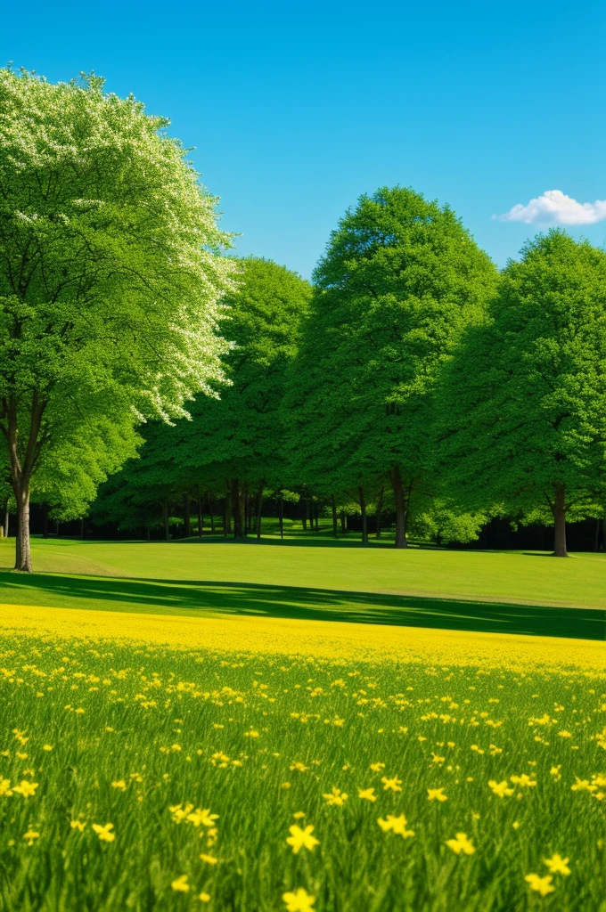 Stunning landscape. High quality. Trees are colored white, green, blue and yellow. Flowers everywhere. The soft, dark green grass. clear sky.