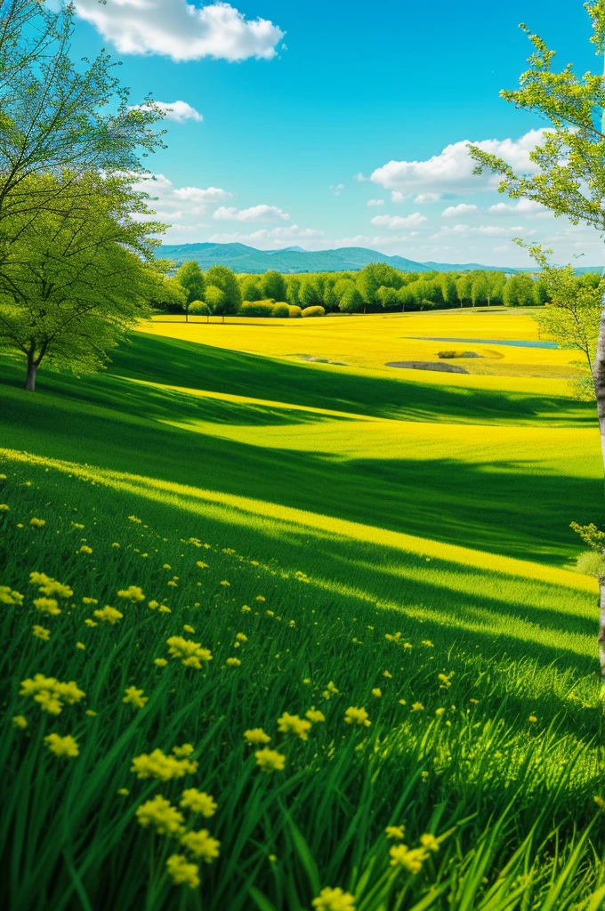 Stunning landscape. High quality. Trees are colored white, green, blue and yellow. Flowers everywhere. The soft, dark green grass. clear sky.