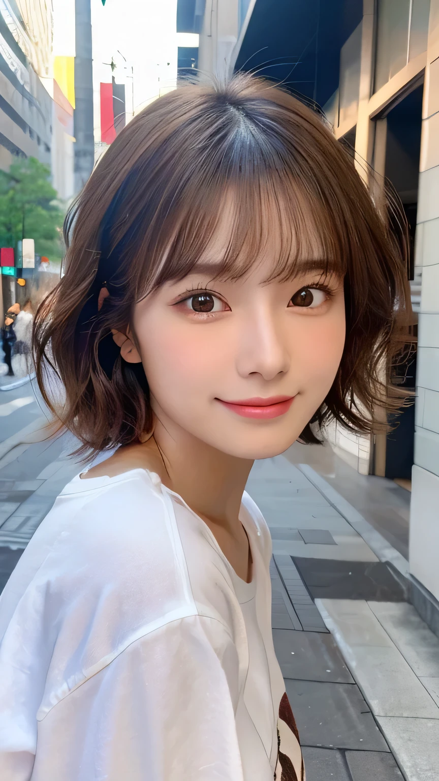 (Highest quality,8K quality,masterpiece:1.3,),(Ultra-high resolution:1.3,Realistic:1.4,RAW Photos:1.2),(Very detailed:1.2,Glowing Skin,Detailed skin:1.1),(Detailed face,Perfect Anatomy,Caustics:1.2), (Symmetrical eyes:1.3),1 girl,cute,Japanese,22 years old,Japanese Ido,Natural brown hair,Short hair curled outwards,cute目,Natural Makeup,Oversized T-shirt,Laughter,Looking into the camera,On the face,Face Focus,Street Corner,Professional Writing,Natural soft light,