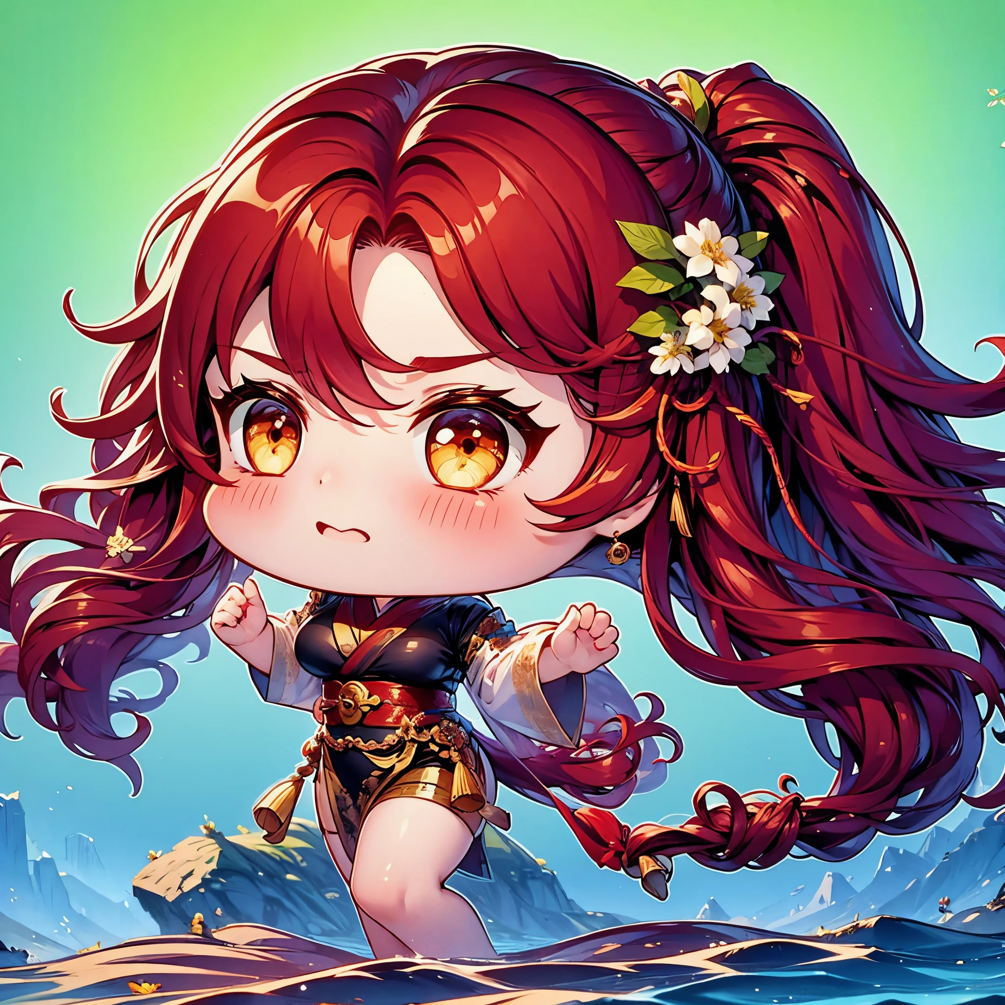 Chibi character pixel art, ((xian mei)), 1 girl, long red hair, standing, Chibi style, shapely breasts, high quality pixel art, Gege Akutami, photography, beautiful, colorful, realistic, masterpieces, top quality, best quality, official art, beautiful and aesthetic, hanfu, perfect anatomy, mini solo chibi, angry