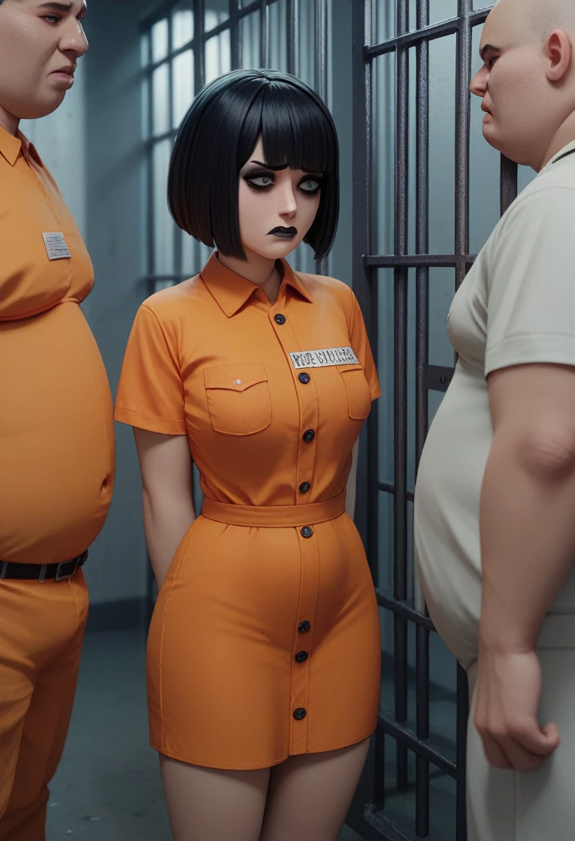 goth girl. goth make up, bob hair cut, bangs, inside a cell, in jail, nervous, orange prison uniform, 3d, multiple fat man