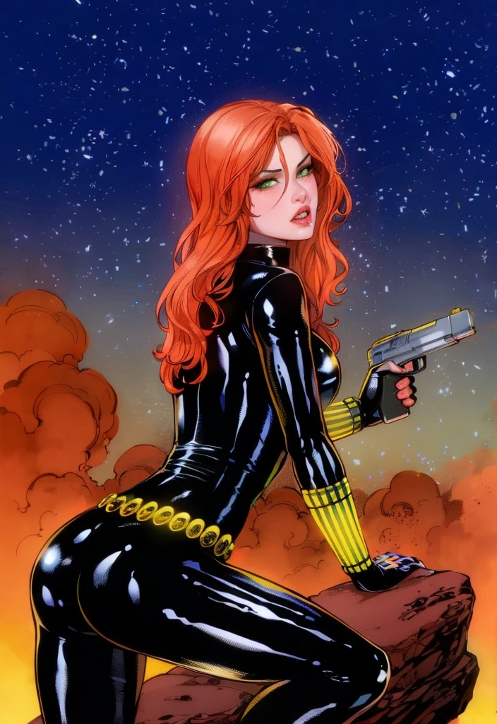 Black Widow, is known from the Marvel series. She's depicted with red hair and blue eyes, dressed in a sleek skin-tight shiny black latex bodysuit with a belt made of golden circles. She's holding a gun in her left hand, and she's in a crouching pose on a rock. The background features a bold red sky with white stars. The character appears ready for action.