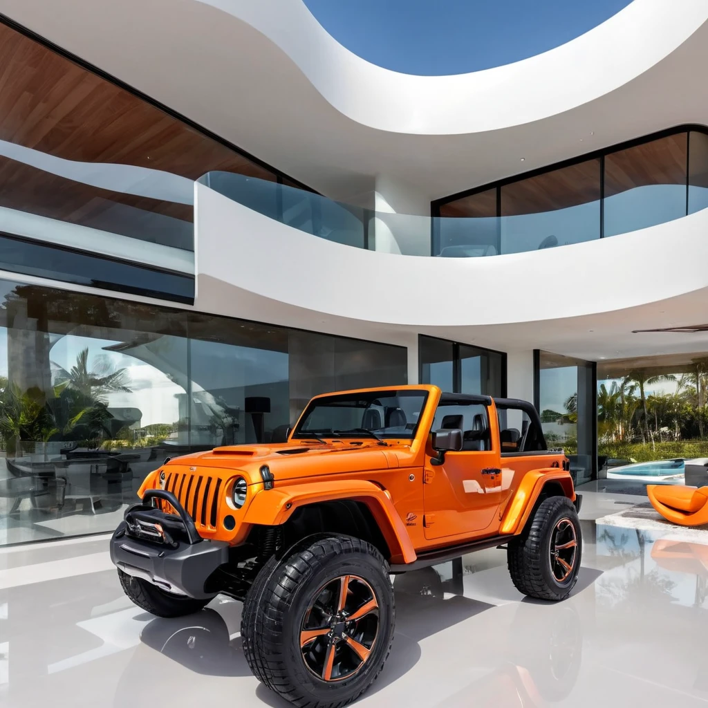 a futuristic house with an orange jeep wrangler parked in front of it, cgsocietywlop, beautiful curves, intricate devilish designs, qualia, interesting shapes & form, wow factor, elaborate polished, architectural rendering, miami, orange soft lighting in interior of house, futuristic battlefield, inspired by James E. Brewton, precise architectural rendering