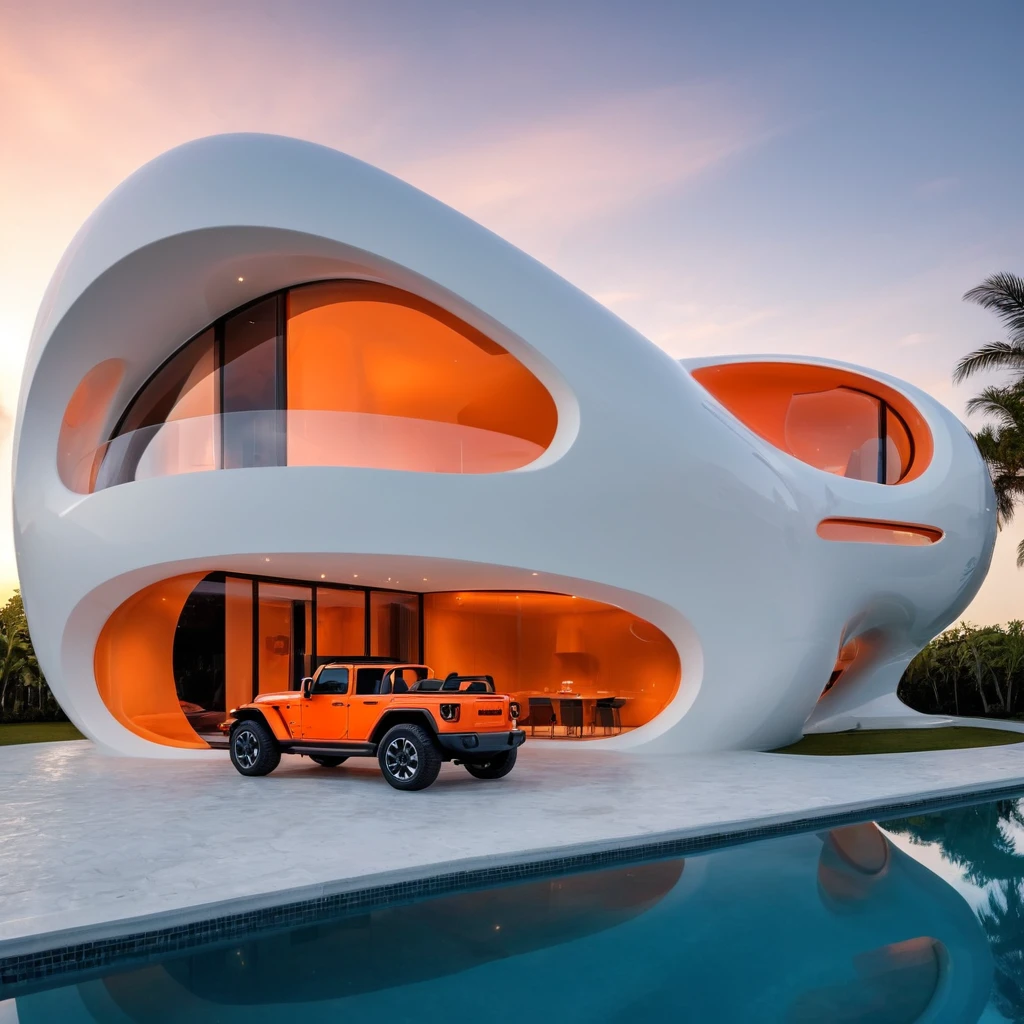 a futuristic house with an orange jeep wrangler parked in front of it, cgsocietywlop, beautiful curves, intricate devilish designs, qualia, interesting shapes & form, wow factor, elaborate polished, architectural rendering, miami, orange soft lighting in interior of house, futuristic battlefield, inspired by James E. Brewton, precise architectural rendering