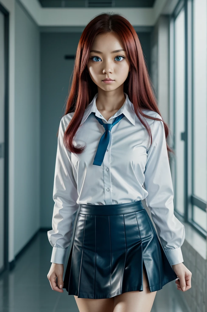 Screenshot Boku no Hero Academia. turquoise blue eyed Japanese woman with long eyelashes and medium sized eyes and long straight red hair, adolescent. beautiful. serious face wears teacher uniform. a short black leather skirt, and a white dress shirt with a neckline. screenshot BONES studio