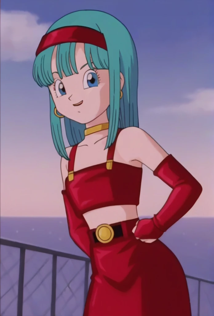 source_anime, score_9, score_8_up, score_7_up, anime screencap,
bulla,breasts,ass 1girl, solo, long hair, aqua hair, looking at viewer, smile, open mouth, bangs, collarbone, :d, outdoors, sky, cloud, night, bridal gauntlets, eyelashes, hoop earrings, eyebrows, miniskirt, bare shoulders, cloudy sky,, hairband, red hairband, earrings, blue eyes, elbow gloves, red gloves, fingerless gloves, crop top, red topwear, midriff, yellow belt, skirt, red skirt
 