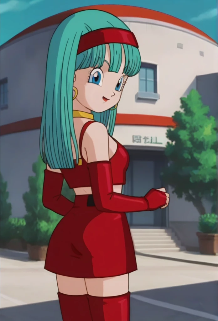 source_anime, score_9, score_8_up, score_7_up, anime screencap,
bulla,breasts,ass 1girl, solo, long hair, aqua hair, looking at viewer, smile, open mouth, bangs, collarbone, :d, outdoors, sky, cloud, night, bridal gauntlets, eyelashes, hoop earrings, eyebrows, miniskirt, bare shoulders, cloudy sky,, hairband, red hairband, earrings, blue eyes, elbow gloves, red gloves, fingerless gloves, crop top, red topwear, midriff, yellow belt, skirt, red skirt
 