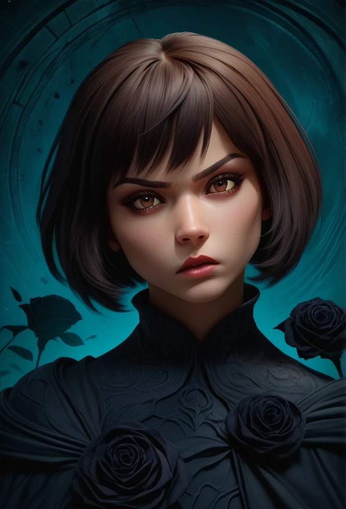 Black Short Hair, High Resolution, Bangs, imponent, Raised Eyebrows, Red Lips, Caustics, Abstract, 3D Rendering, Chaos, brown eyes, pretty woman, black roses background! Bkack roses