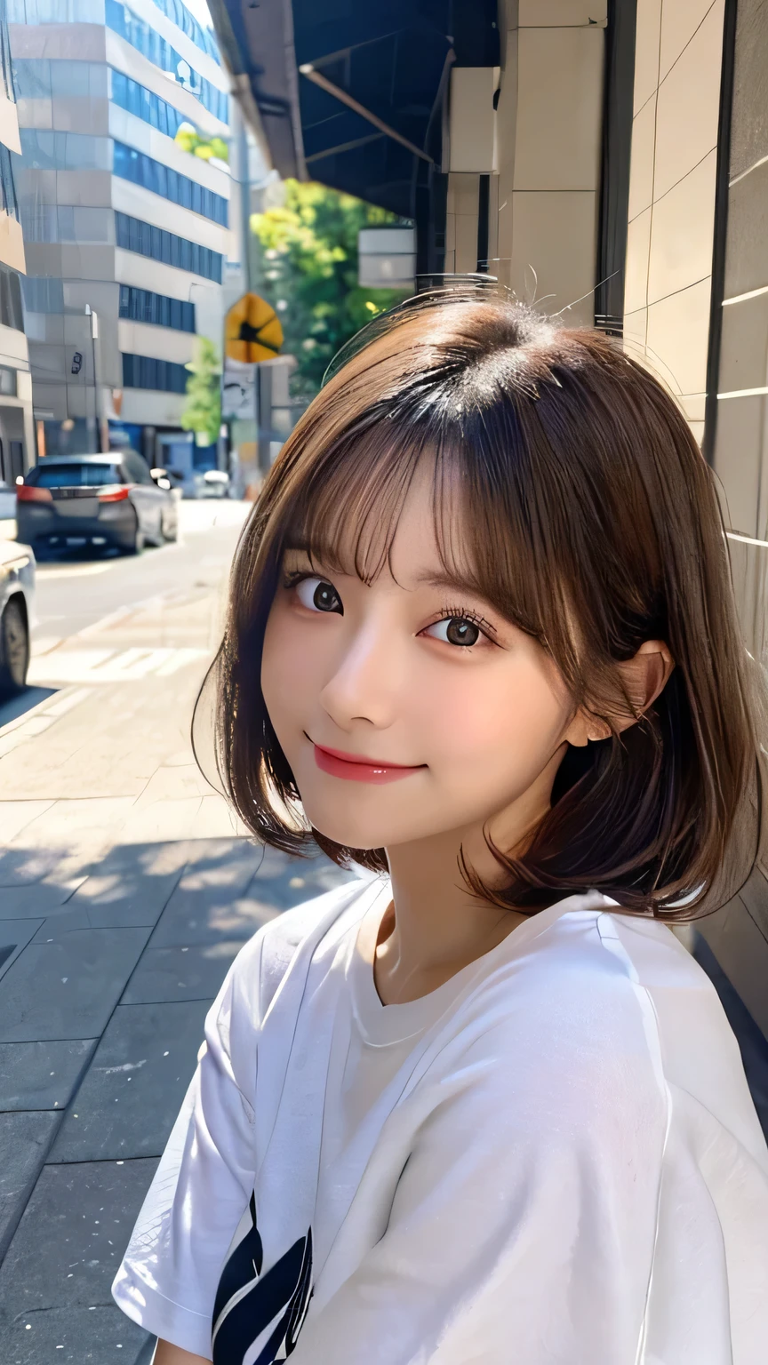 (Highest quality,8K quality,masterpiece:1.3,),(Ultra-high resolution:1.3,Realistic:1.4,RAW Photos:1.2),(Very detailed:1.2,Glowing Skin,Detailed skin:1.1),(Detailed face,Perfect Anatomy,Caustics:1.2), (Symmetrical eyes:1.3),1 girl,cute,Japanese,22 years old,Japanese Ido,Natural brown hair,Short hair curled outwards,cute目,Natural Makeup,Oversized T-shirt,Laughter,Looking into the camera,On the face,Face Focus,Street Corner,Professional Writing,Natural soft light,