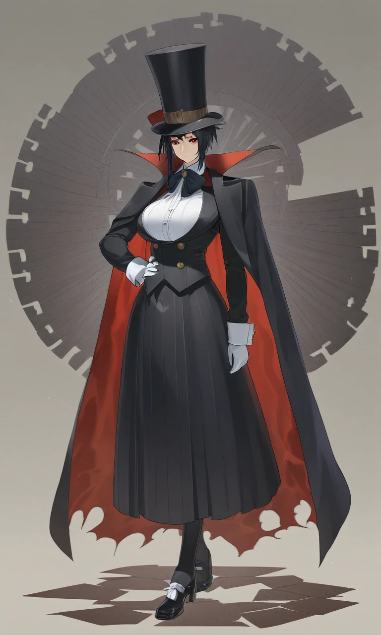 anime girl in a butler outfit, short black hair, red crimson eyes, closed mouth, serious, cape, big wizard hat, full body shot, gloves, anime, Gothic art, high details, high quality, 4K, HD, masterpiece, anatomically correct