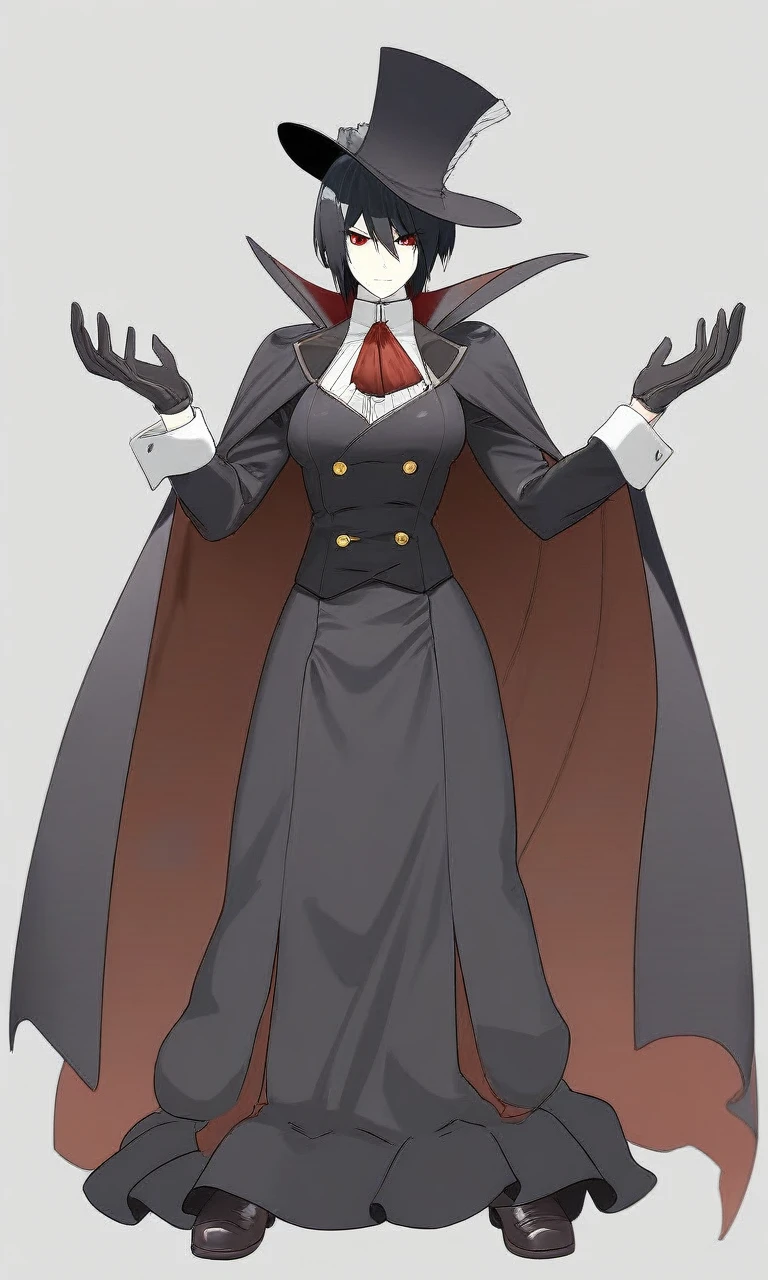 anime girl in a butler outfit, short black hair, red crimson eyes, closed mouth, serious, cape, big wizard hat, full body shot, gloves, anime, Gothic art, high details, high quality, 4K, HD, masterpiece, anatomically correct