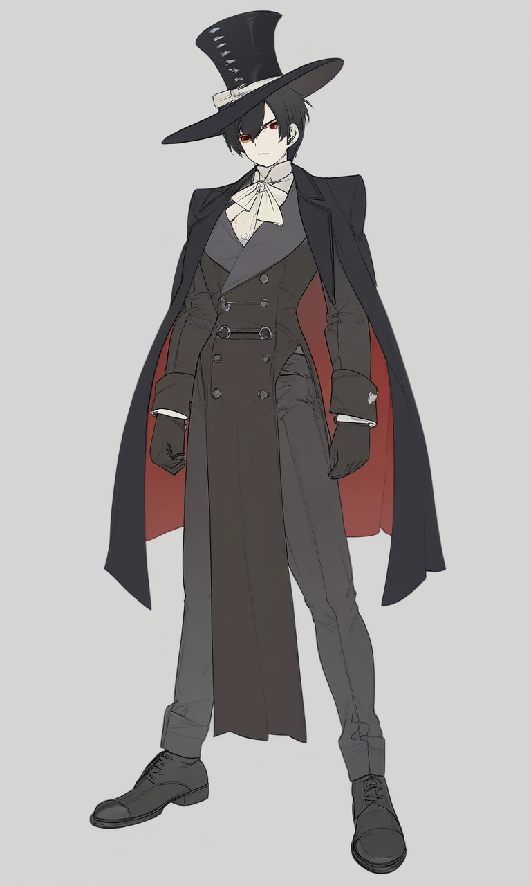 anime girl in a butler outfit, short black hair, red crimson eyes, closed mouth, serious, cape, big wizard hat, full body shot, gloves, anime, Gothic art, high details, high quality, 4K, HD, masterpiece, anatomically correct