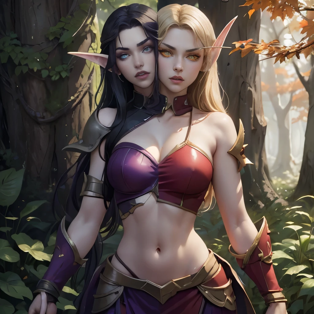 (Masterpiece, highly detailed, highly quality,  highly resolutions), body facing viewer, conjoined_dicephalus, two heads, BREAK bldelf, angry, clenched teeth, glowing eyes, yellow eyes, Blonde hair, colored sclera, mature female, red short shirt, navel, red shoulder pad, gold trim, yellow leaves, jewelry, looking at viewer, forest, day, bare shoulders, Fall season