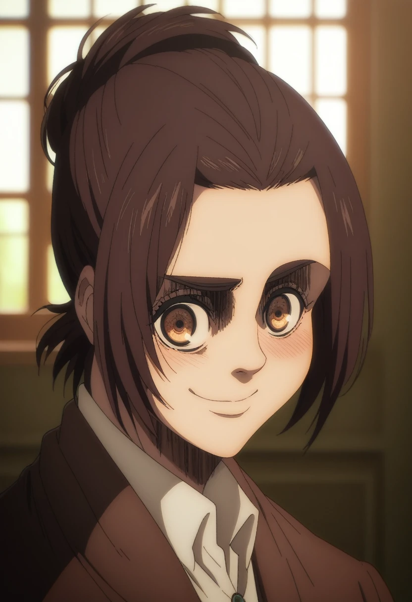score_9, score_8_up, score_8, source_anime, shingeki_no_kyojin_s4_style, gabi braun, brown eyes, brown hair, single hair bun, black dress, jacket, loafers,upper body, looking at viewer, smile, blush, seductive smile