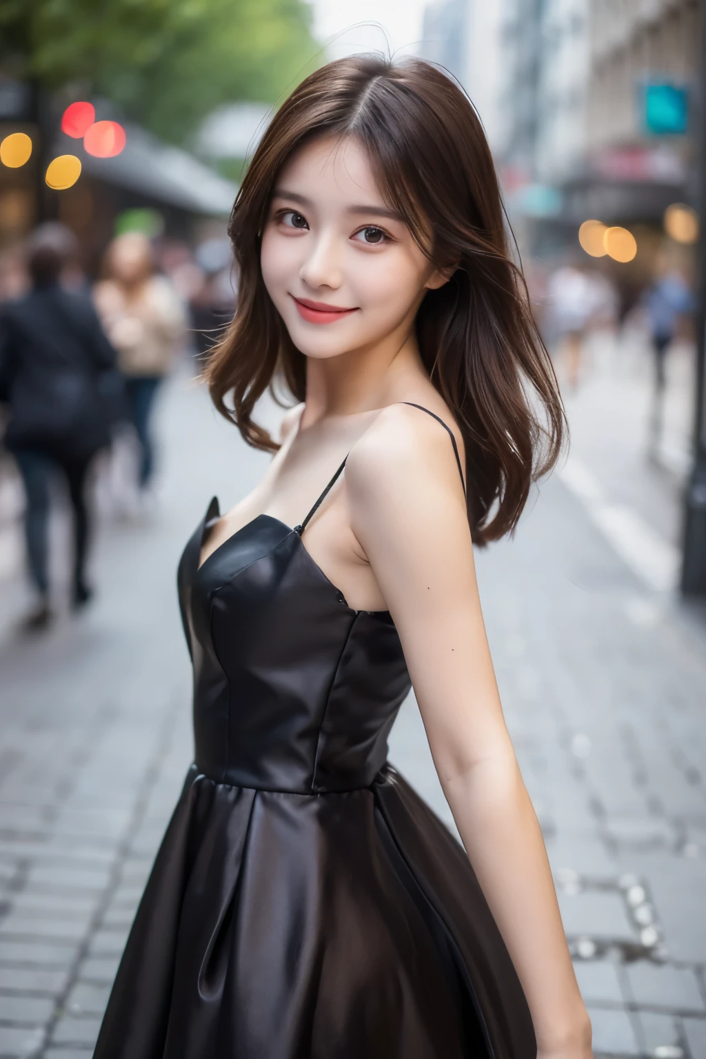 ((best quality, 8k, masterpiece :1.3)), 1 girl, smiling, whole body, face slimming, pretty Woman, (Dark brown hair), full length dress :1.1, Super detailed faces, delicate eyes, double eyelids, blurred background, face slimming, City, external, street,