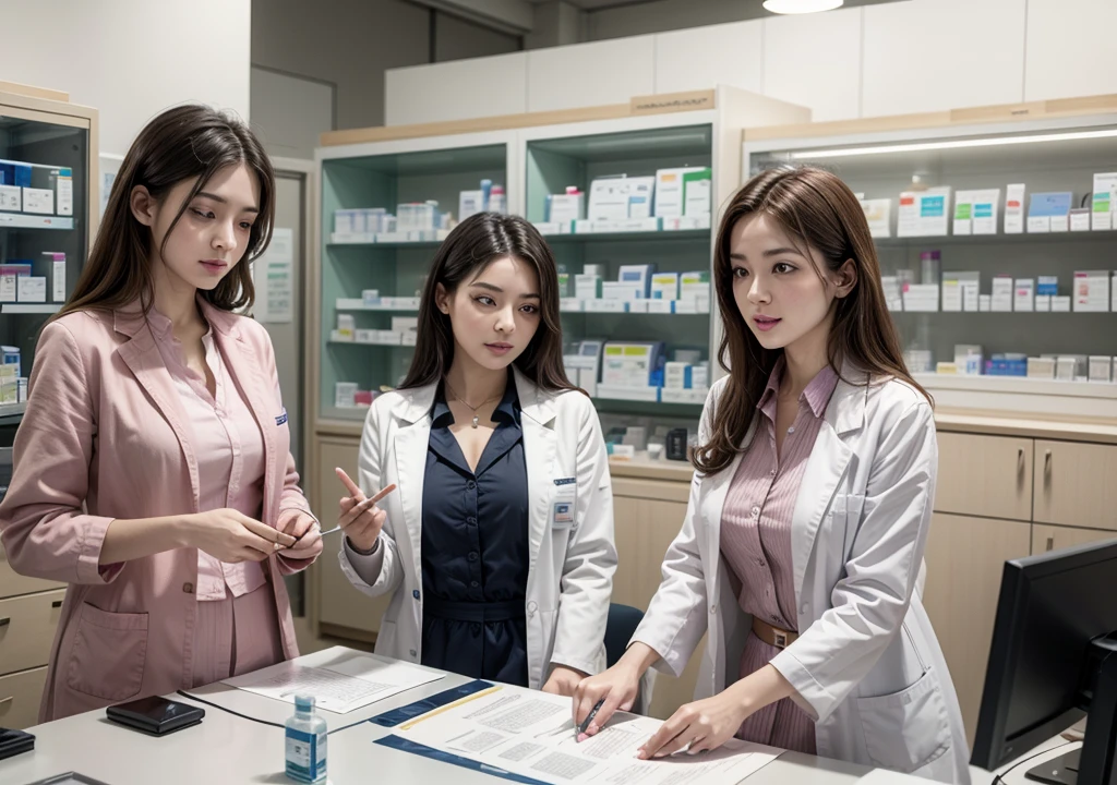 create a pharmacy with two female attendants. And let the pharmacy be very clear