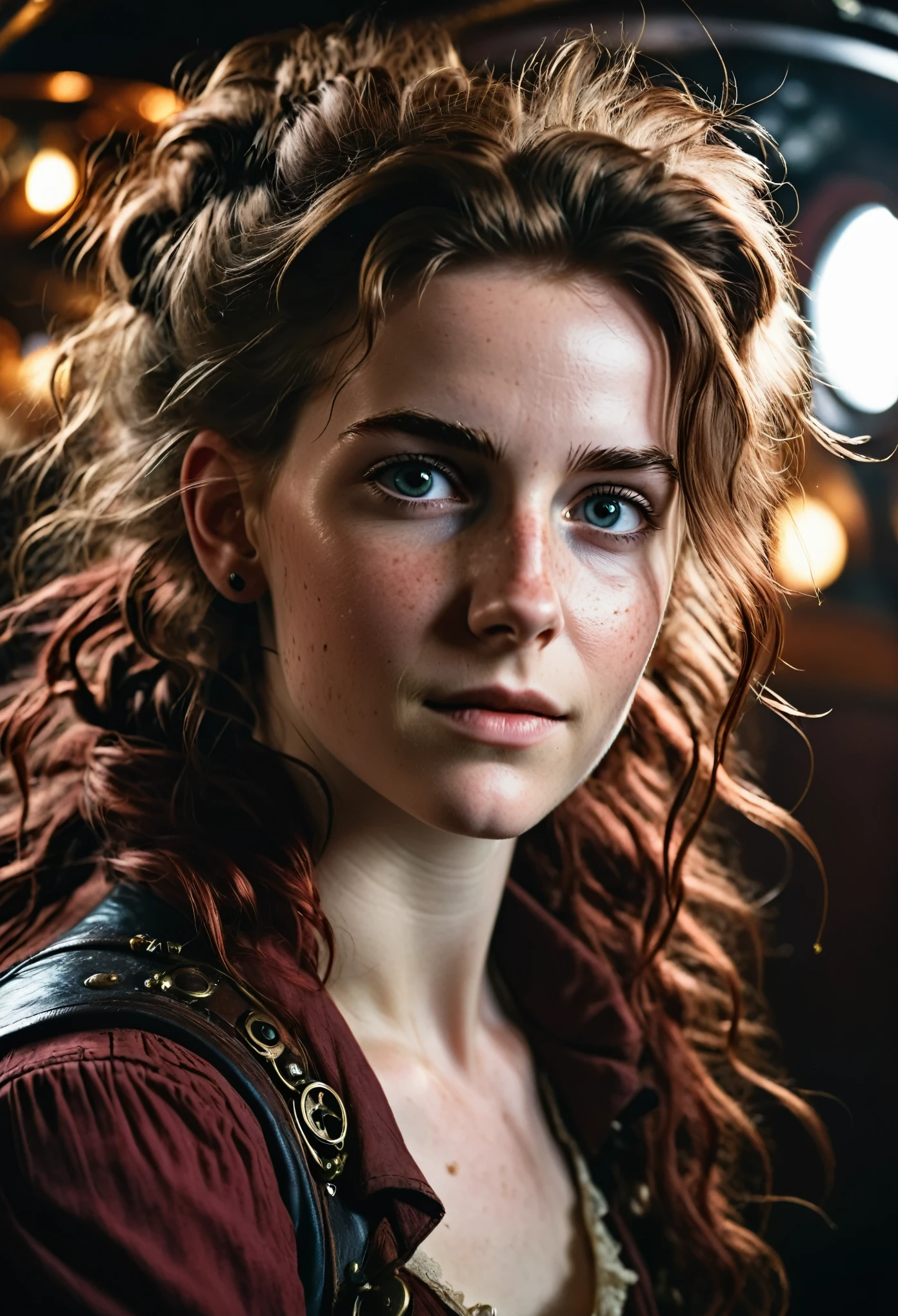 (editorial photography of Aerith Gainsborough), (highly detailed face:1.4), no close-up, (smile:0.4), (background inside dark, moody, private:1.3), steampunk pirate's airship, nikon d850, stock photography, kodak portra 400 film ,camera f1.6 lens, bokeh, analog style, rich colors, hyper realistic, lifelike texture, dramatic lighting, cinestill 800, messy hair, serious, (freckles:0.4), pale skin, cute sexy