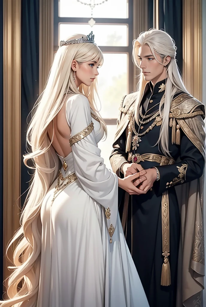 A tall, handsome, statuesque, courageous, adult man is a platinum blonde king, he has tanned skin, blue eyes, long straight platinum hair, long bangs, he is wearing a royal outfit, he leads an incredibly beautiful young femme fatale blonde with blue eyes, she is a princess, she has long golden hair, Long bangs, she's wearing a gorgeous dress. the tiara. exquisite jewelry. The throne room. They're in love.Realistic image.