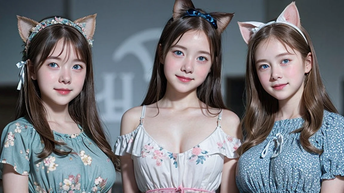 (3 girls), Young faceอินโดนีเซีย, smile, white skin, Round breast, blue eyes,(Wear a round neck dress with an elegant floral pattern.)Masterpiece, Highest quality, 8k, beautiful girl, Young face、 photography, Cute face, thigh,embarrassing valley、รอยsmile、((((((12 years old))))))、small waist、 ((Busty breasts))blue eyes(((big breasts:1.2)))cat ears