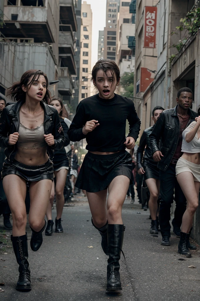 Four scenes from a movie of a short skirt and a boy in black boots running in the middle of an abandoned city with zombies behind them