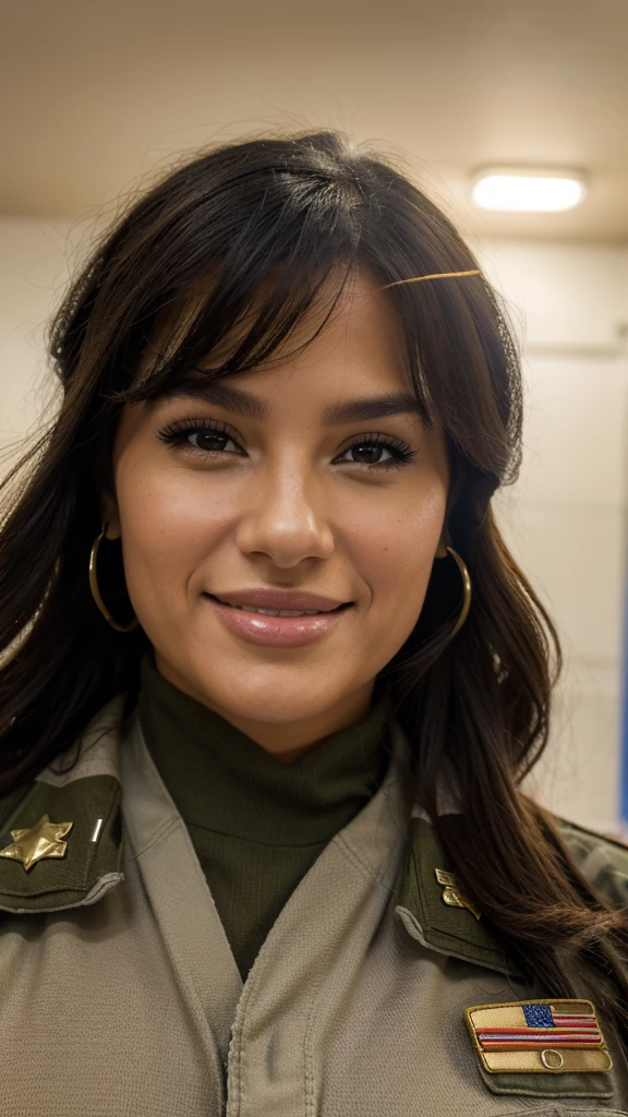 a beautiful woman of Latin ethnicity in a close-up, wearing a military uniform, on a military base in Alaska, a winter day, stunning Alaskan lighting, she is smiling.