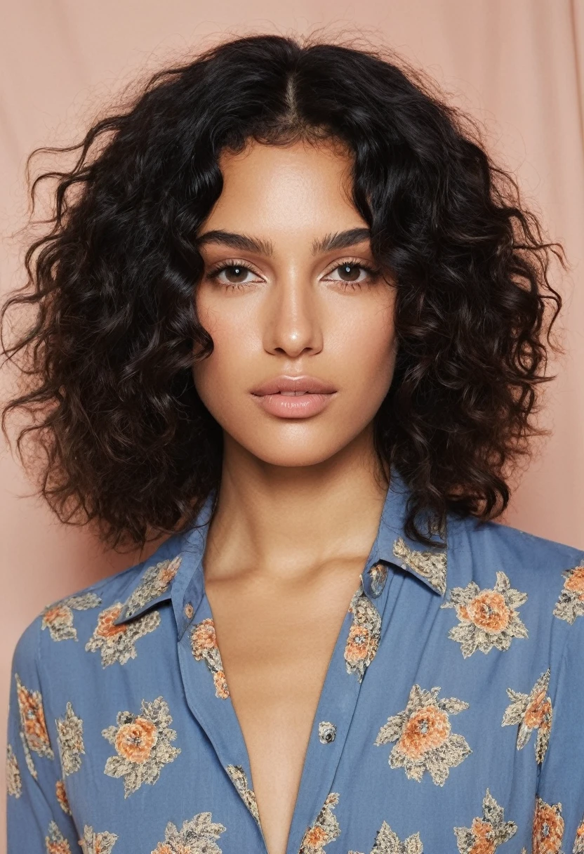 A portrait of a woman with a natural and close look. Black curly hair with blonde highlights, falling freely on her shoulders. Her facial features include full lips, a straight nose, and long, almond-shaped eyes, all set in soft, luminous skin with a slight blush on her cheeks. You should wear a garment printed with a floral or paisley design in orange, blue, and beige. The lighting should be soft, creating soft shadows that accentuate your features.