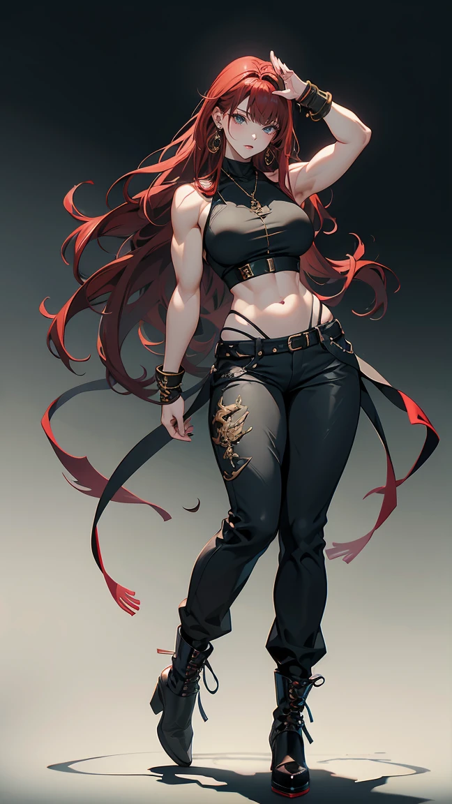 Highest quality、masterpiece、8k、Realistic、超High resolution、Very delicate and beautiful、High resolution、Fantasy World、Muscle Girl、Gal、Perfect female body、Beautiful woman、Mature Woman、Red hair、Unkempt long hair、Bright green eyes、Six Pack、Earrings、Toned body、Big body 、Thick muscles、Black military uniform、Tank top、I can see your belly、Black trousers、boots、cigarette、Wild Pose、Full body emphasis、Simple Background