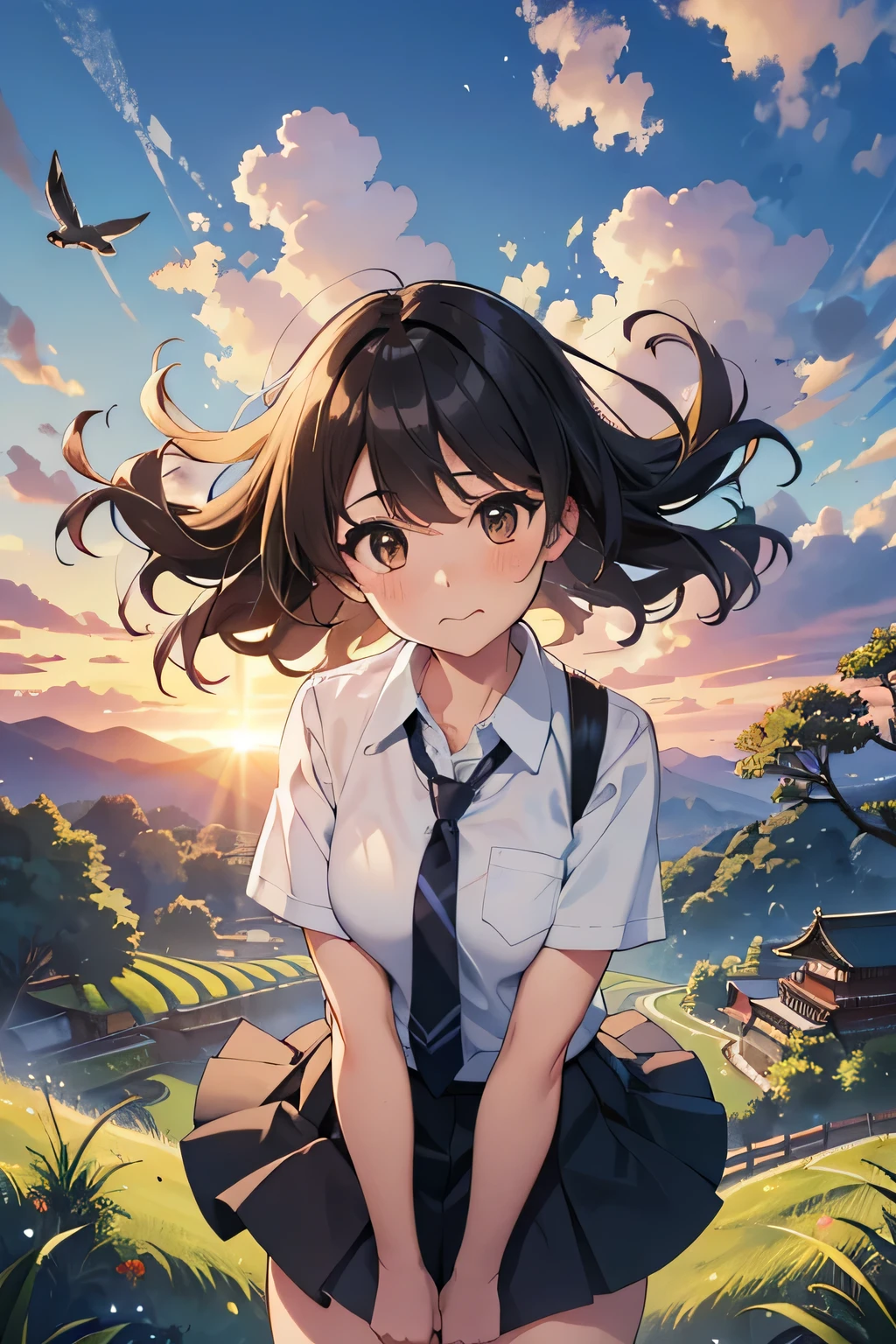 ,((Highest quality,4K, masterpiece:1.3)),((High Resolution)),((It's wonderful)),((Japan countryside:1.2)),((Japan countryside:1.2)),((Japan countryside:1.2)),((Japan countryside:1.2)),((Japanese mountain trails and rice terraces:1.2)),((Standing at the bus stop:1.2)),((Standing at the bus stop:1.2)),(Do not split frames),(Do not split),(Do not split),(sunset:1.2),(sunset:1.2),(sunset:1.2),(sunset:1.2),(One woman:1.8),(One woman:1.8),(One woman:1.8),((dutch angle shot:1.2)),((dutch angle shot:1.2)),((upper body shot:1.2)),((upper body shot:1.2)),((upper body shot:1.2)),((shoot from above:1.2)),((shoot from above:1.2)),((school uniform, short sleeve shirt:1.2)),((school uniform, short sleeve shirt:1.2)),((school uniform, short sleeve shirt:1.2)),((school uniform, short sleeve shirt:1.2)),(A tie blowing in the wind:1.4),(A tie blowing in the wind:1.4),(A tie blowing in the wind:1.4),((wavy mouth:1.4)),((wavy mouth:1.4)),((wavy mouth:1.4)),((pigeon toed:1.2)),((pigeon toed:1.2)),((pigeon toed:1.2)),((Bend your knees and stand with your legs together:1.2)),((Bend your knees and stand with your legs together:1.2)),((Bend your knees and stand with your legs together:1.2)),((Bend your knees and stand with your legs together:1.2)),((Bend your knees and stand with your legs together:1.2)),((Bend your knees and stand with your legs together:1.2)),((Hold down the hem of your skirt, which is about to be blown up by the wind:1.2)),((Hold down the hem of your skirt, which is about to be blown up by the wind:1.2)),((Hold down the hem of your skirt, which is about to be blown up by the wind:1.2)),((Hold down the hem of your skirt, which is about to be blown up by the wind:1.2)),((face focus:1.4)),((face focus:1.4)),((face focus:1.4)),((face focus:1.4)),(Shy laugh:1.2),(Shy laugh:1.2),(Shy laugh:1.2),(Shy laugh:1.2),(Panic look:1.2),(Panic look:1.2),(Hair blowing in the strong wind:1.2),(Hair blowing in the strong wind:1.2),(Hair blowing in the strong wind:1.2),(shoot from front),(shoot from front),(shoot from front),((Light brown eyes:1.2)),((Light brown eyes:1.2)),((Beautiful highlighted eyes)),((Light brown eyes:1.2)),((Light brown eyes:1.2)),((Light brown eyes:1.2)),((Beautiful highlighted eyes)),((Light brown eyes:1.2)),((Shiny black hair:1.4)),((Shiny black hair:1.4)),((Shiny black hair:1.4)),((Fluffy short bob:1.2)),((Fluffy short bob:1.2)),((Fluffy short bob:1.2)),((Fluffy short bob:1.2)),((Parted bangs)),((Parted bangs)),((Parted bangs)),(Beautiful breasts),(Beautiful breasts),Japanese women, 14 years old gravure photo, High Contrast, Aperture F3.2, Focal length 100mm, (((peace sign))),wakame, wakame, wakame, wakame, wakame, wakame, wakame, wakame, wakame, wakame, wakame, wakame, wakame, wakame, wakame, wakame, wakame, wakame, wakame, wakame, wakame, wakame, wakame, wakame, wakame