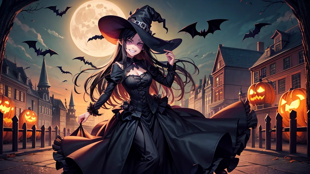 1girl, full body, very detailed, witch, with hat, black hair, black dress, long hair, green eyes, witch brrom in hand, high heels, grin, spooky, halloween, pumpkin lantern, skeletons, bats, owl, moon, trees, road, fence, graveyard, zombie