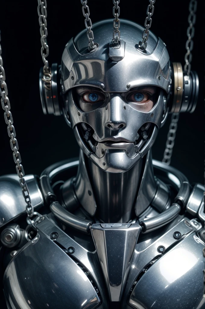 industrial, a male humanoid made of polished steel with mechanical body parts and robotic arms, face being seen up close, hinges with chains, looking straight ahead, Messy background
