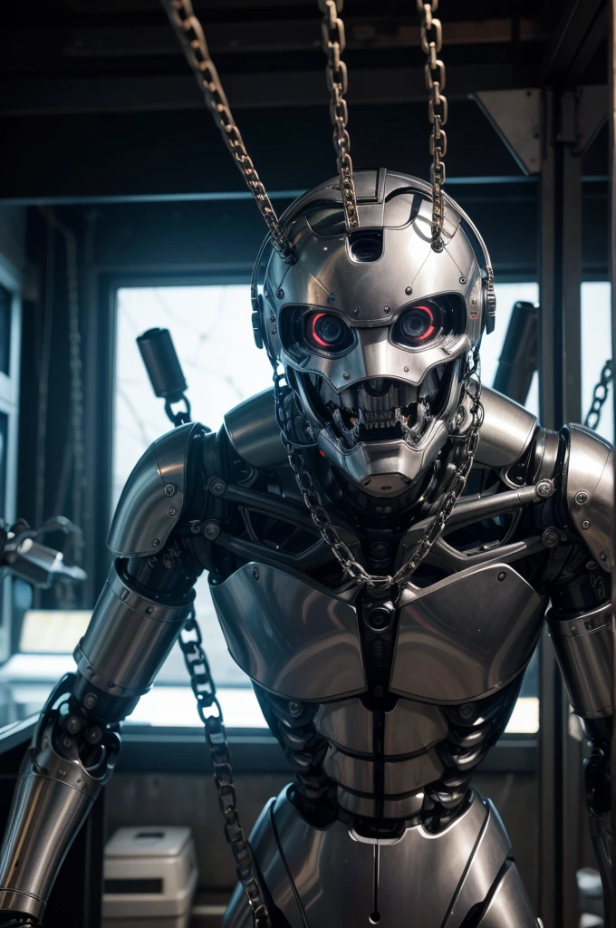 industrial, a male humanoid made of polished steel with mechanical body parts and robotic arms, face being seen up close, hinges with chains, looking straight ahead, Messy background