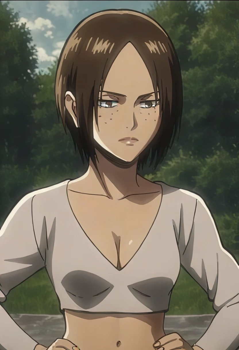 score_9, score_8_up, score_7_up,1girl,source_anime,brown hair,short tied hair,brown eyes,freckles,detailed face,masterpiece,best quality,outdoors, upper body, medium breasts, cleavage, navel, hand on hip