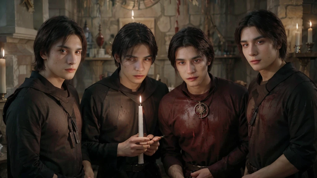 Three men, 20 years old, within the ritual, blood candles, dark black tunic