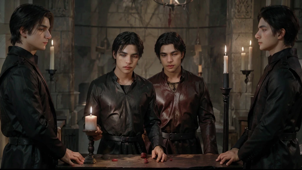 Three men, 20 years old, within the ritual, blood candles, dark black tunic