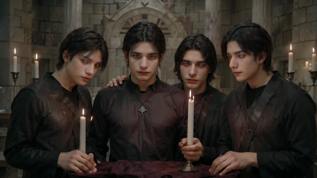 Three men, 20 years old, within the ritual, blood candles, dark black tunic