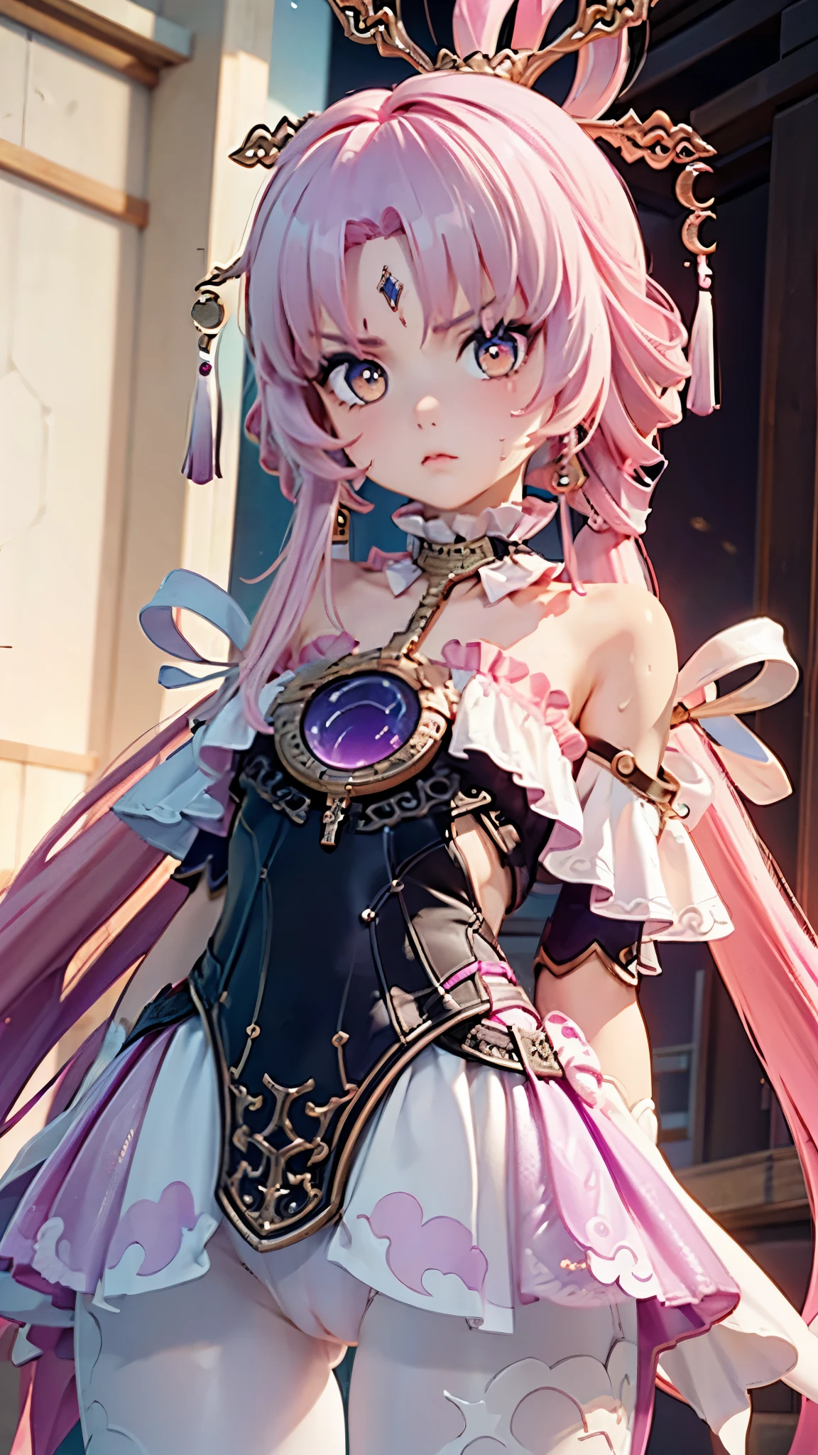 1girl, pink hair, (angry), white tights, (from below), ((looking at viewer)), looking down, (sweaty), ((pussy)), ((lingerie)), nipples, ((hourglass figure)), ((close up))