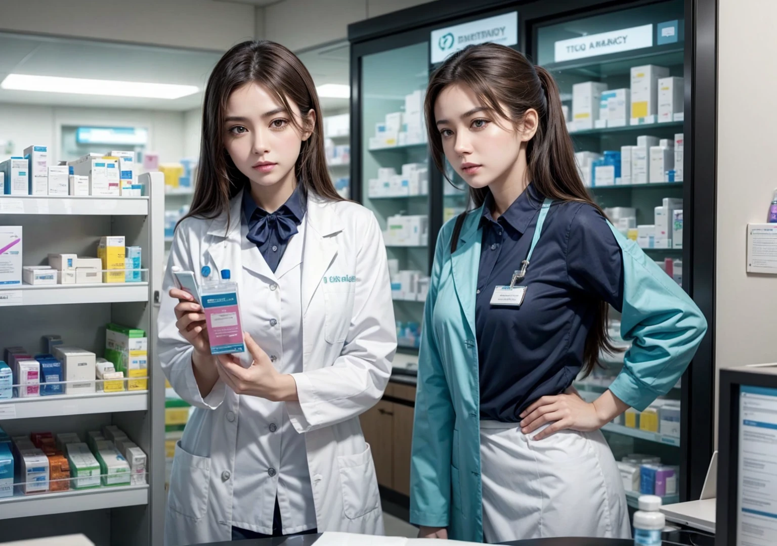 create a pharmacy with two female attendants. And let the pharmacy be very clear
