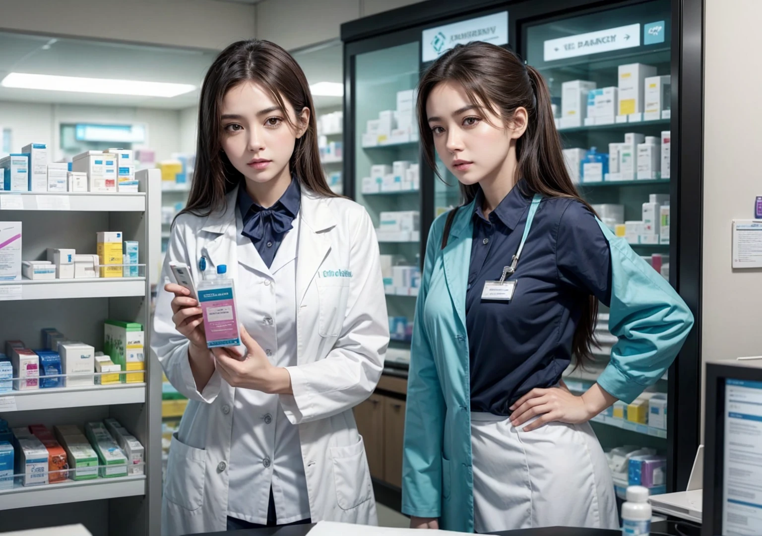 create a pharmacy with two female attendants. And let the pharmacy be very clear