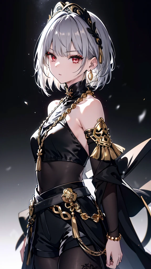 8k,High resolution RAW color art,Anime Art,Silver Marble Skin, (((Very detailed and cool))), Detailed skin, Bokeh、texture,(Exquisitely crafted, The finer details, Ultra-detailed art), (((1 girl))), Depth of written boundary, Silky Touch, Hyper Detail, (((Cool face))), eye shadow、Armed women, Beautiful detailed red eyes, Beautiful lip detail, Highly detailed face, Delicate depiction of hair and eyes, Detailed Fashion, Golden Earrings,Full body depiction, Black half top、(((Shoulder Bare)))、Black shorts、Waist Cloak、black tights、Golden decoration, Grey Hair, Golden bracelet, Straight Hair、Short Hair、(((Hair)))、Simple Background、(((Black theme)))、snow、Side view、Crouch、look down、cloth、cool、