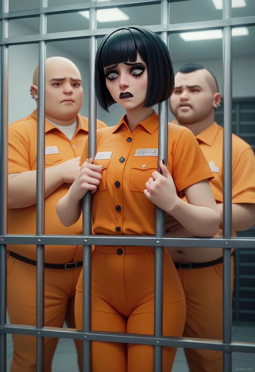 goth girl. goth make up, bob hair cut, bangs, inside a cell, in jail, nervous, orange prison uniform, orange pants, 3d, multiple fat man, skinny