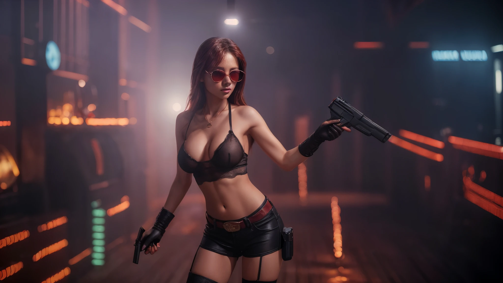 8k, masterpiece, RAW photo, best quality, photorealistic, extremely detailed CG unity 8k wallpaper, Depth of field, Cinematic Light, Lens Flare, Ray tracing, ((1girl:1.7)), ((alone:1.7)), ((seductive standing pose)), in the desert at night, deep shadow, [[Raiana-Elizabeth-Dilla]], pretty girl, (very slim slender fit-muscled body:1.3), (sexy ((see-through)) ((ultra-short ((red:1.2)) Cowboy-style uniform))), ((classic scenery,nightlife,musiclife,western)), ((whiskey glass and bottles,blues music)), (blurred background:1.4), soft lighting, (long black hairs), cleavage breasts, large breasts, realistic ((red:1.2)) clothes. (((((black sunglasses, holding pistol))))), (((half-body thigh level medium shot)))