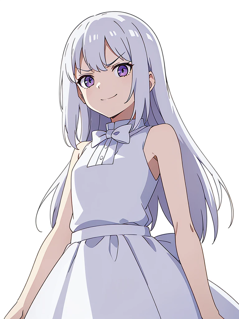 (1girl,8 years old,small),white hair,long hair,white dress, sleeveless, bow tie, bare shoulders,smile,(white background,line drawing),ojou-sama pose,angry,smile,upper body,çooking at view,from below