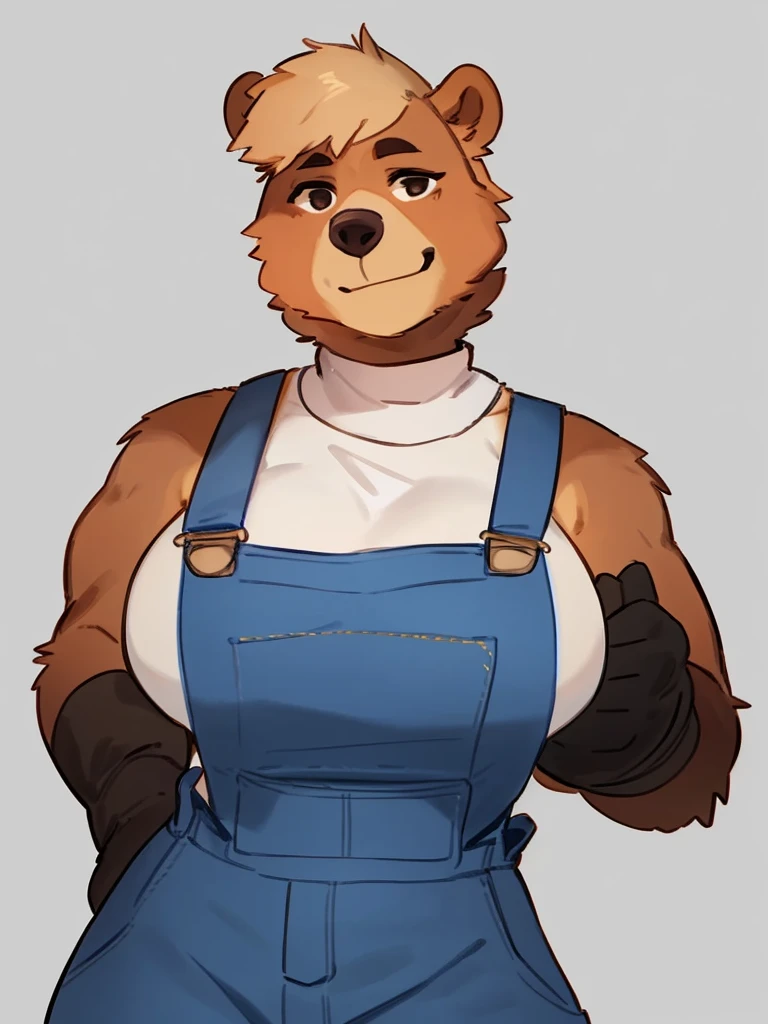 By bebebebebe, by lostgoose, by goonie-san, solo, female, bear, (snout, big nose, hair), sunbear, tan hair, smirking, muscular, big breasts, standing, overalls, turtleneck shirt with shirt sleeves, heavy duty gloves