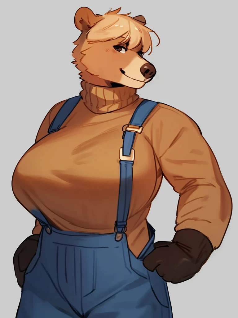 By bebebebebe, by lostgoose, by goonie-san, solo, female, bear, (snout, big nose, hair), sunbear, tan hair, smirking, muscular, big breasts, standing, overalls, turtleneck shirt with shirt sleeves, heavy duty gloves