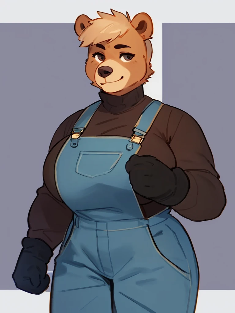 By bebebebebe, by lostgoose, by goonie-san, solo, female, bear, (snout, big nose, hair), sunbear, tan hair, smirking, muscular, big breasts, standing, overalls, turtleneck shirt with shirt sleeves, heavy duty gloves
