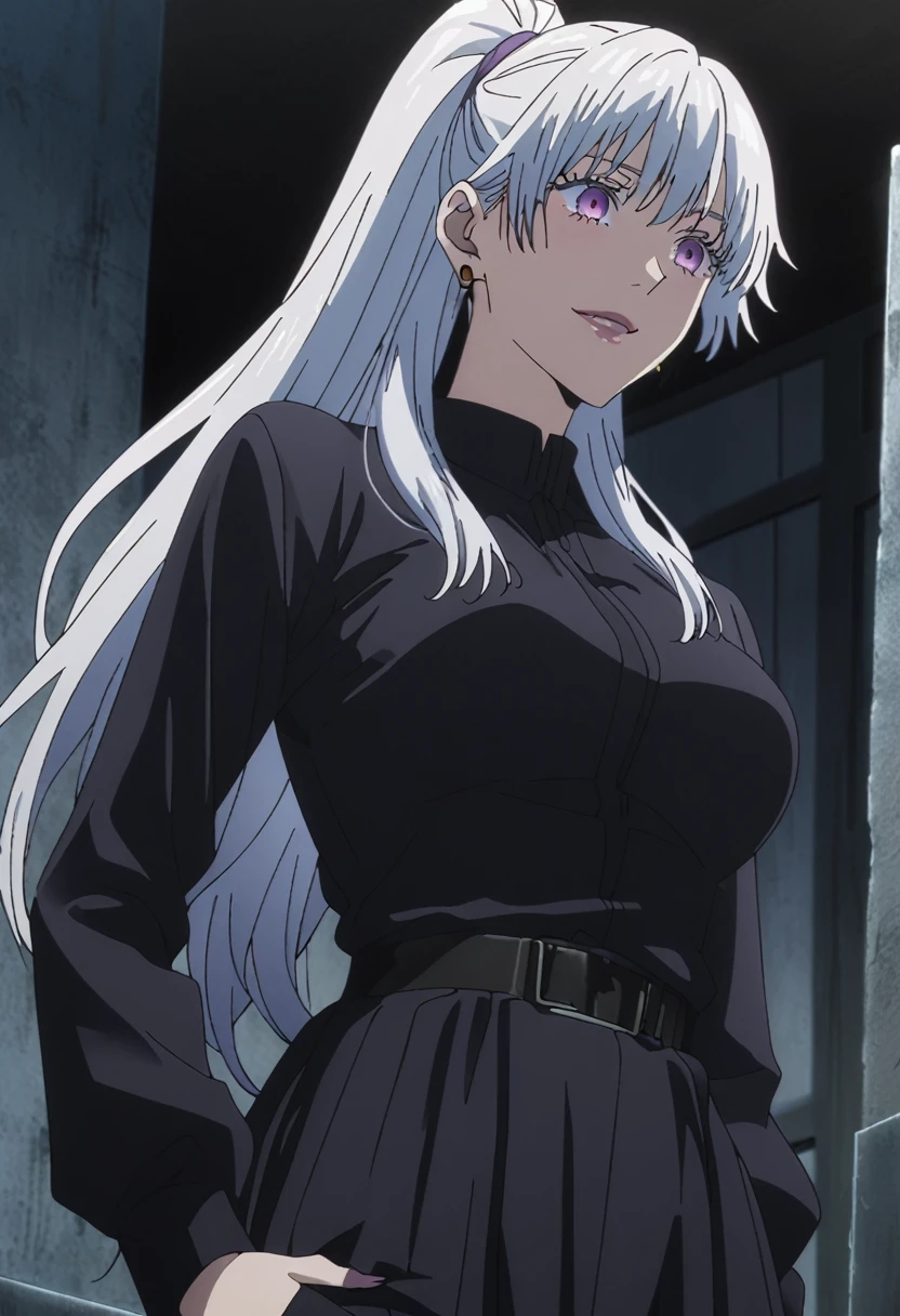 1girl, female gojo satoru, anime screencap from jujutsu kaisen, gojo satoru female version, solo, long_hair, ((purple eyes)) ((White_hair, high ponytail)), night view, (hanging breasts) upper_body, smile, indoors, book, lips, (long hair) ((wearing black colour outfit, glossy)) breast, "very detailed and high resolution" (purple eyes) ((solo)) (((front view))) (earings) ((high resolution)) ((good quality)) ((silky hair, high ponytail))
